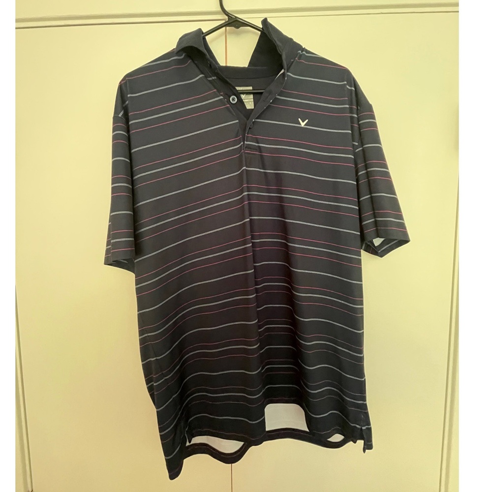 Callaway Black Polo with Pink and Gray Stripes